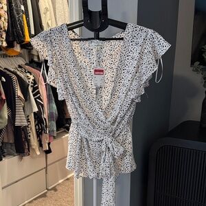 White and Black Dotted Wrap Blouse